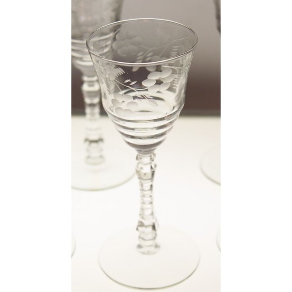 6 Rock Sharpe Halifax Crystal Wine Glass Floral Etched Cut Stem Spring Circa 40s - Picture 3 of 8